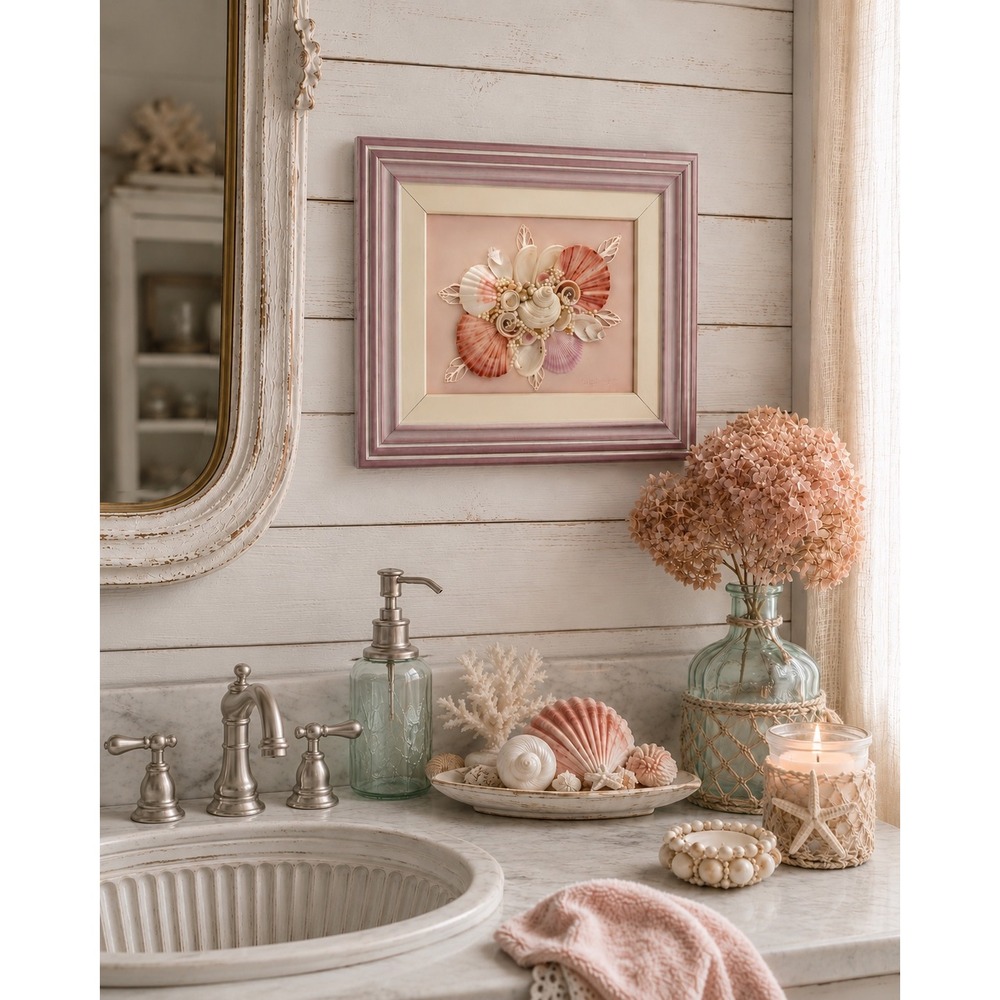 VTG Australian Handcrafted Shell Coastal Seashell Wall Decor-Mauve Frame 11x13